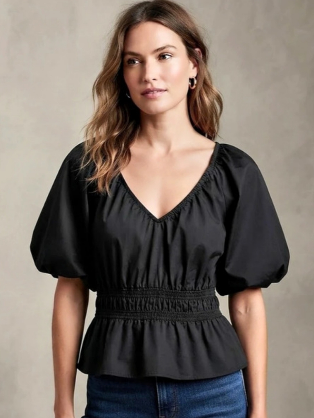 LOFT - Smocked Waist Puff Sleeve Peplum Top